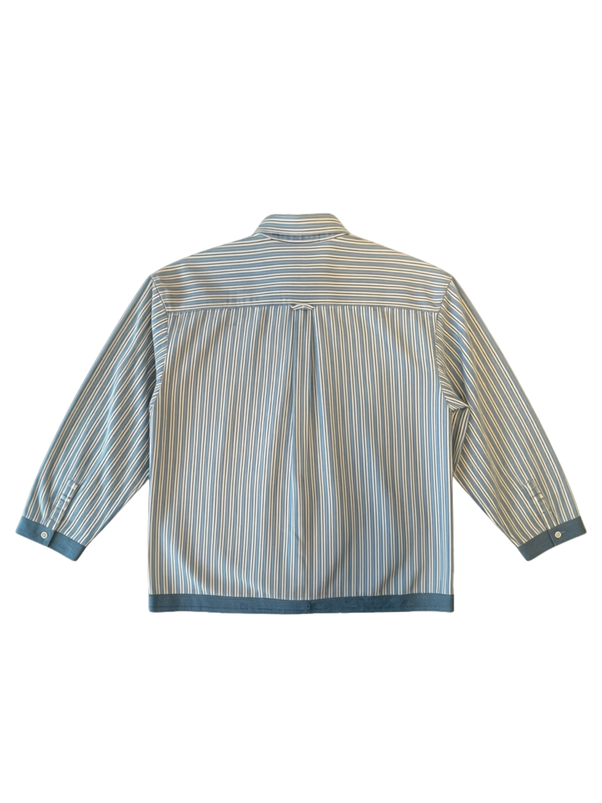 A long-sleeve button-up shirt with vertical stripes in beige, brown, and light blue, featuring solid blue contrast trim at the cuffs and hem.